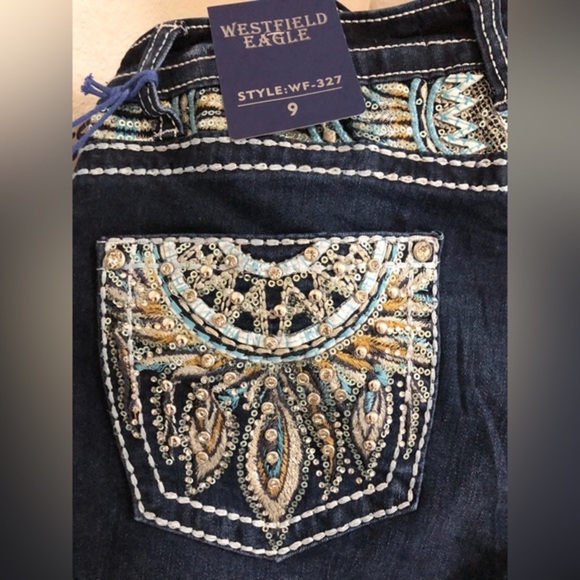 Beautiful embroidered sequined exposed stitching crystal studded blue jeans new - Picture 13 of 17
